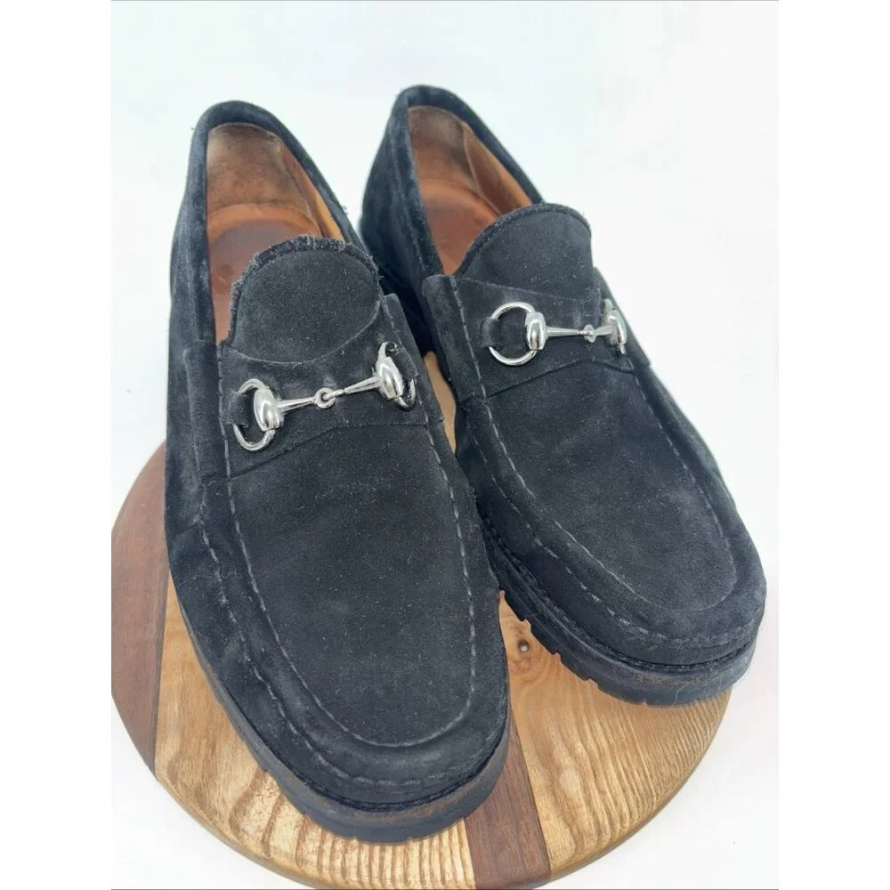 Gucci Men horsebit Loafers slipon US8 1/2D Black suede lug sole solid Gorgeous - Picture 14 of 16